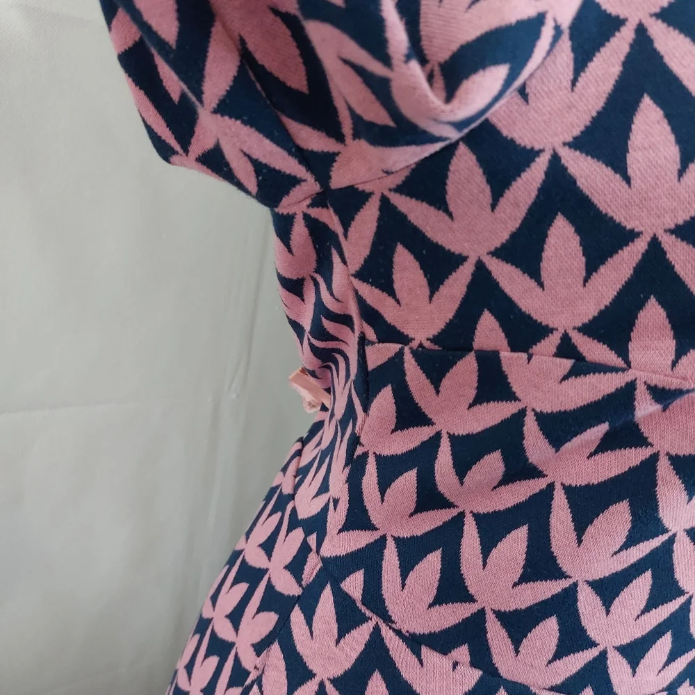BODEN High Neck Fit&Flare Dress Pink Navy Floral Geo Size 14R Winter Autumn Chic - Picture 10 of 11